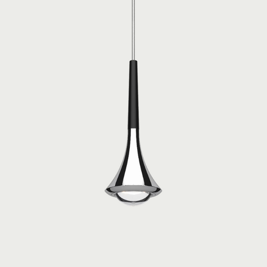 Lodes rain pendant with chrome body and black stem on beige background