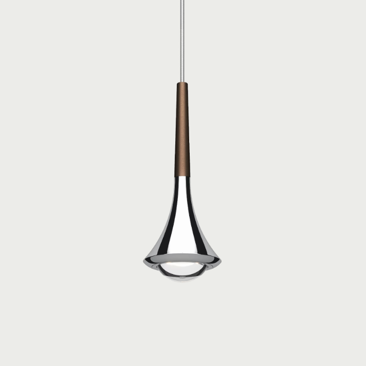 Lodes rain pendant with chrome body and brown stem on beige background