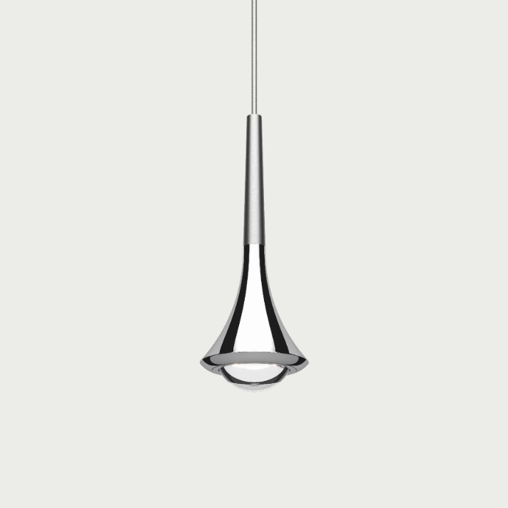 Lodes rain pendant with chrome body and brushed chrome stem on beige background