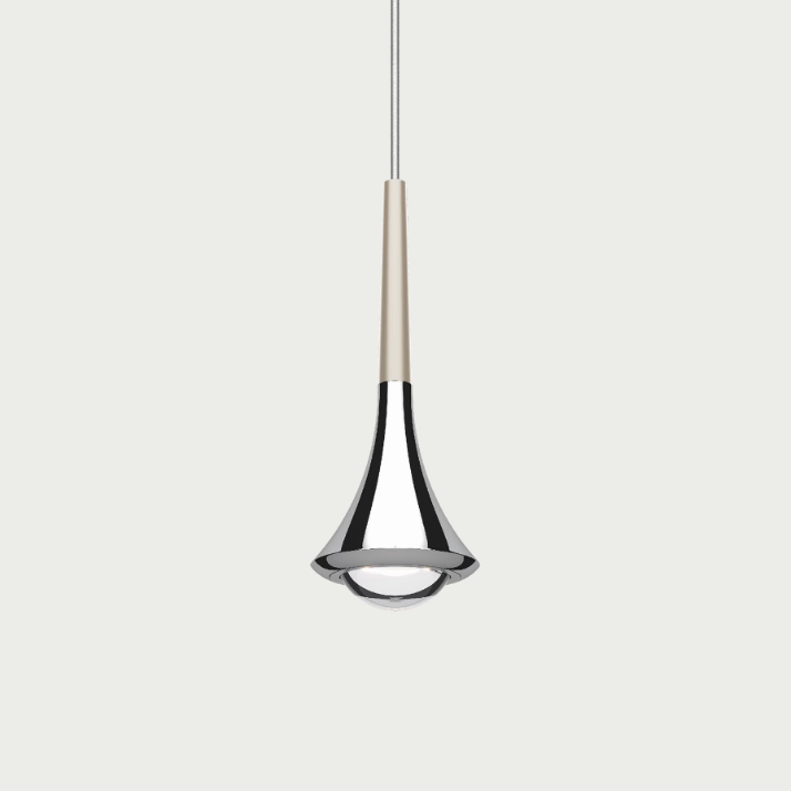 Lodes rain pendant with chrome body and champagne stem on beige background