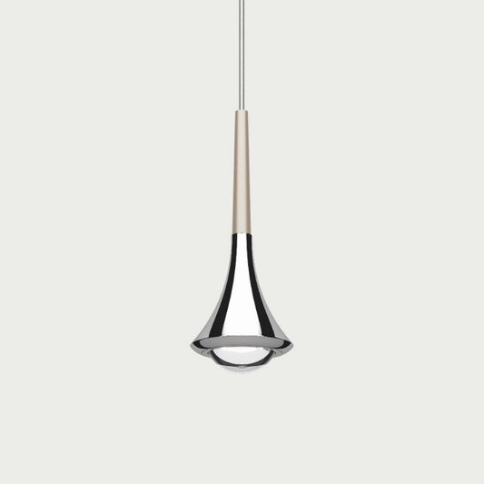 Lodes rain pendant with chrome body and champagne stem on beige background