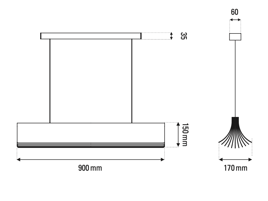 DCW Editions Respiro 900mm linear pendant technical drawings
