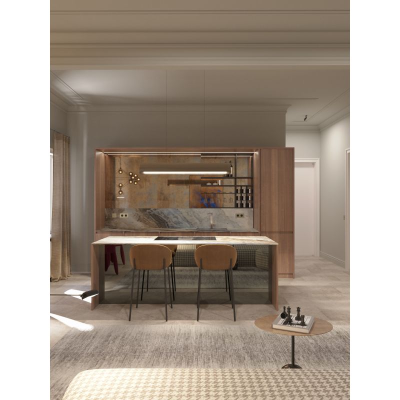 DCW Editions Respiro gold 1200mm linear pendant over kitchen island with tall chairs and small wooden, modern kitchen