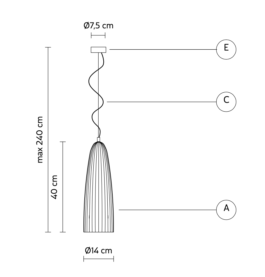 Technical drawing of the Sahara cone pendant light by Karman Italia with dimensions labeled