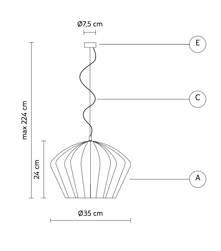 Technical drawing of the Sahara pendant light by Karman Italia with dimensions labeled