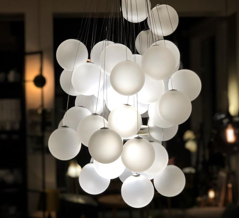 Stochastic Pendant, 48 White Frosted Glass Globes, LED, 18W, Trailing Edge Dim, IP20