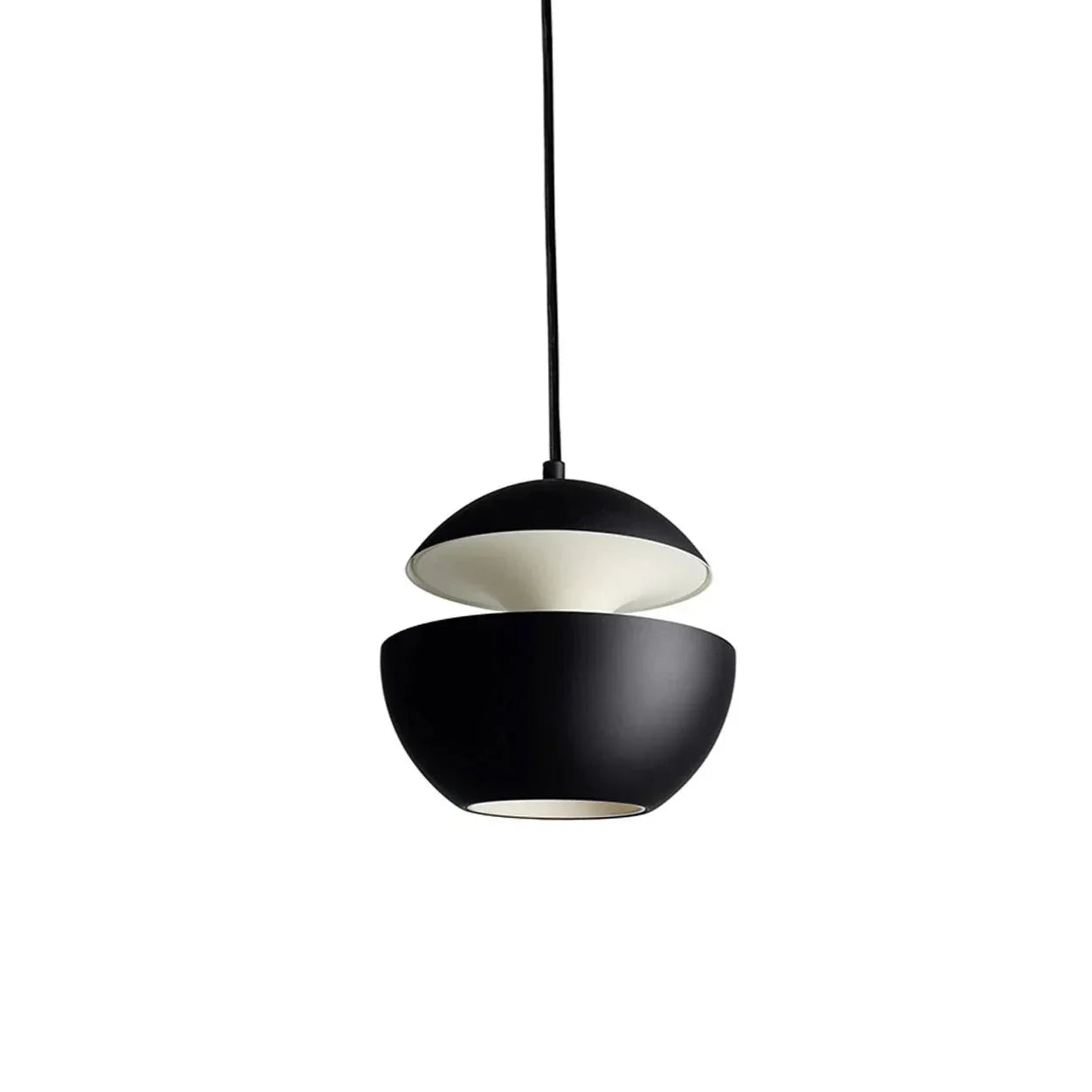 Black pendant light with white interior on a white background
