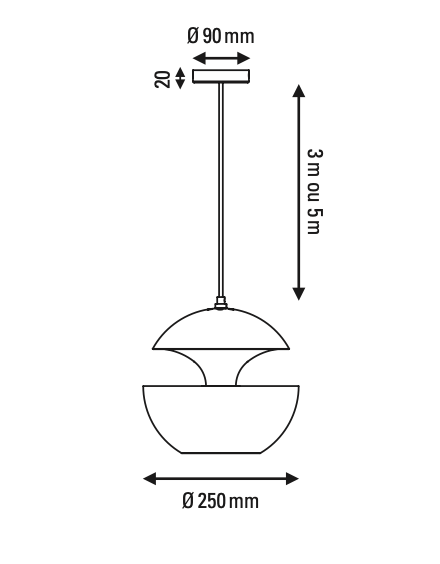 Technical drawing of a pendant light with dimensions on a white background
