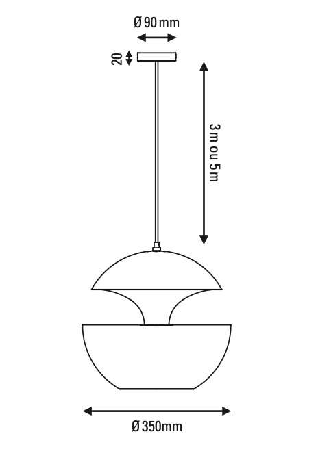 Technical drawing of a pendant light with dimensions labeled