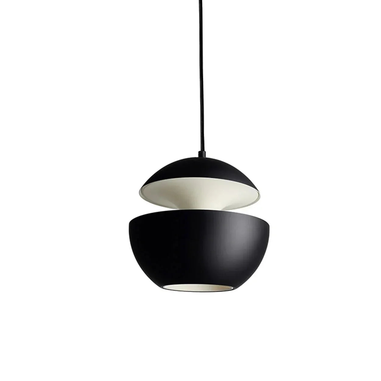 Black pendant light with white interior on a white background