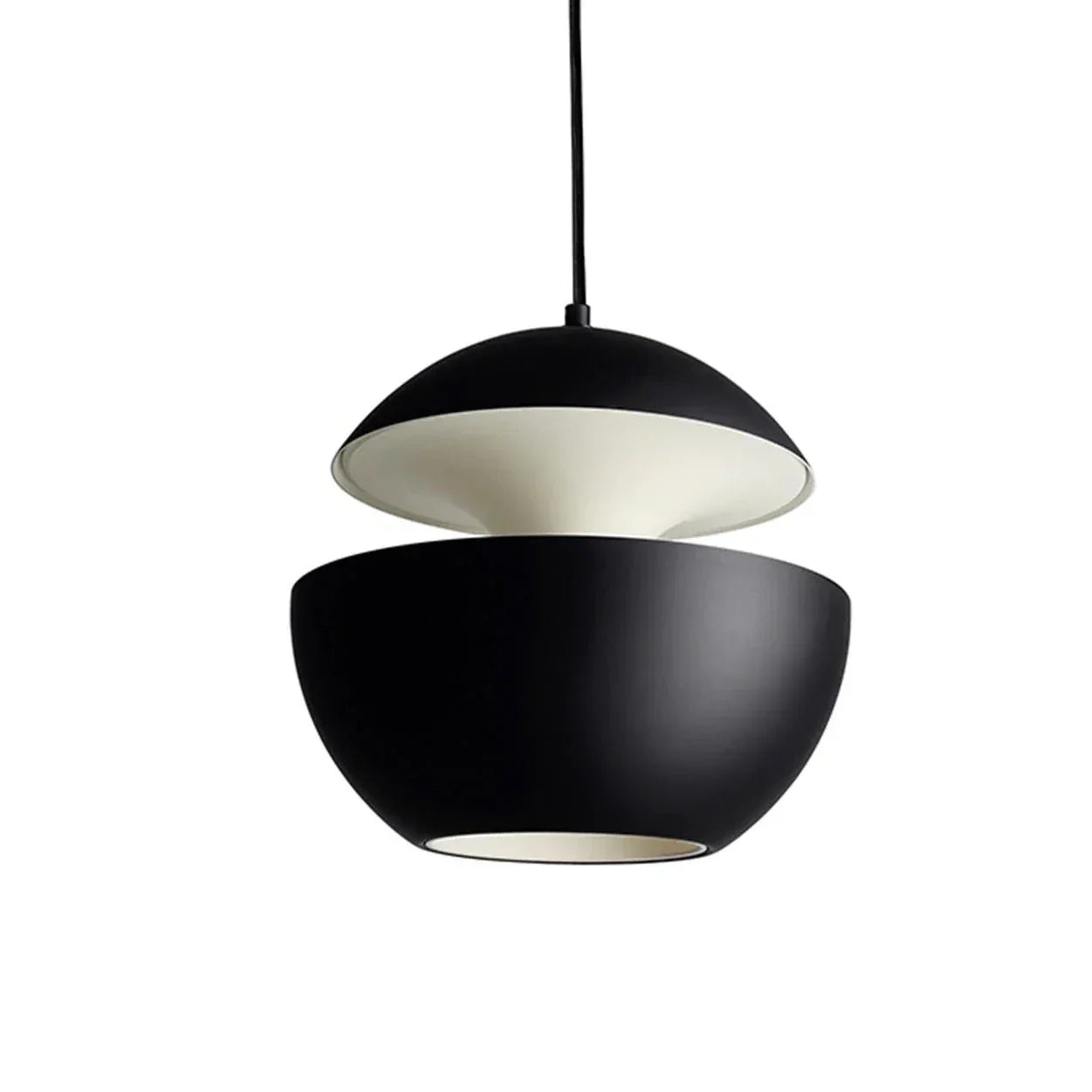 Black pendant light with white interior on a white background
