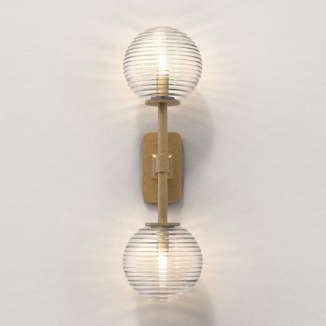 Tacoma Wall, Brass, Double, Clear Ribbed Glass, G9, IP44