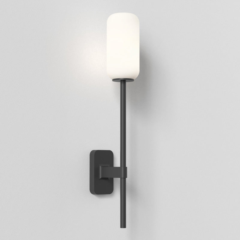 Tacoma Wall, Black, Long Stem, White Oblong Glass, G9, IP44