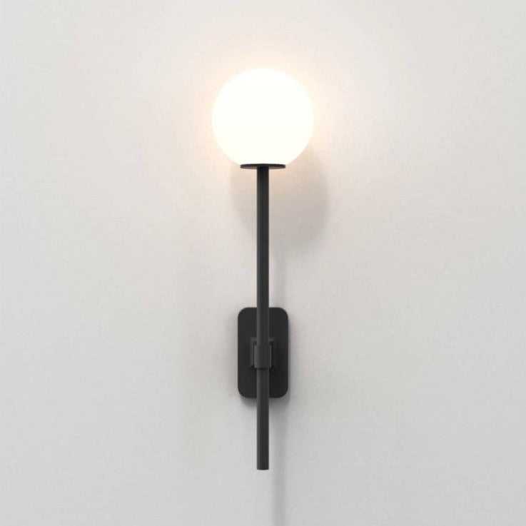 Tacoma Wall, Black, Long Stem, White Round Glass, G9, IP44