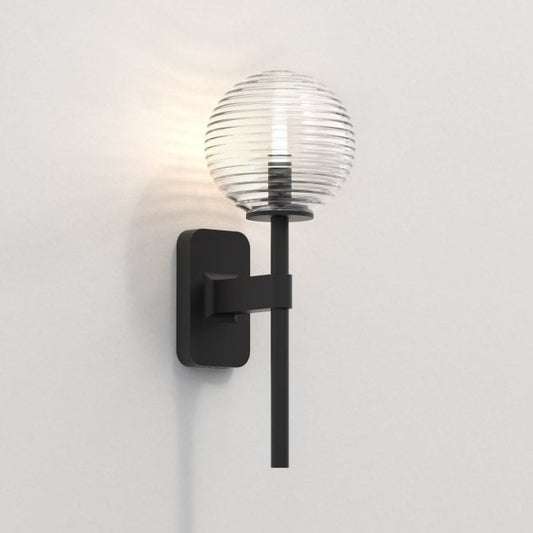 Tacoma Wall, Black, Short Stem, Clear Ribbed Glass, G9, IP44