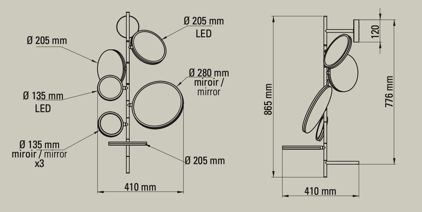 Tell Me Stories, Black with Adjustable LED and Mirrors, LED, 12W, 2700K, Triac Dim, IP44