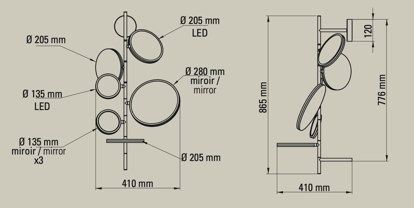Tell Me Stories, Gold with Adjustable LED and Mirrors, LED, 12W, 2700K, Triac Dim, IP44