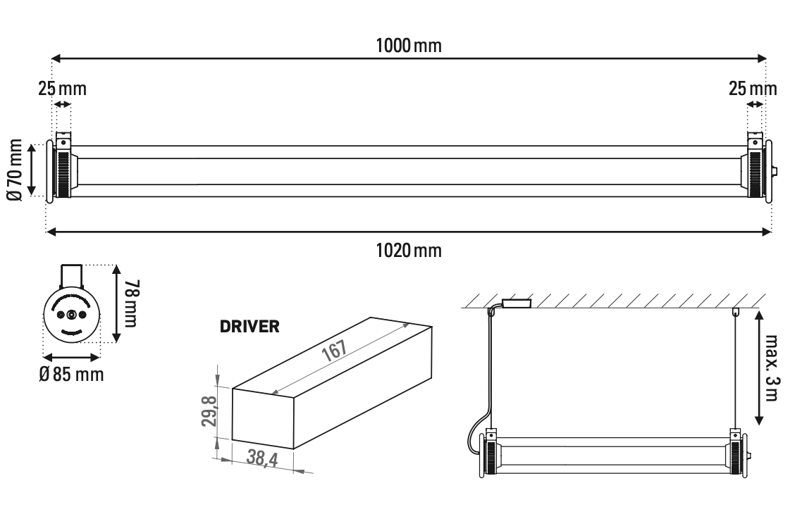 Tube 360 Pendant, Horizontal, 102 cm, White and Gold, LED, Triac Dim, IP65