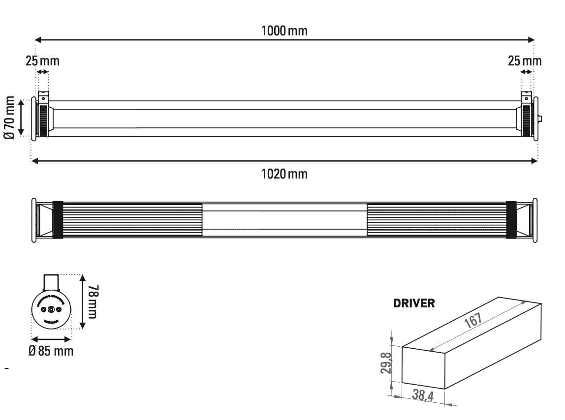 Tube 360 Wall, 102 cm, White with Silver, LED, Triac Dim, IP65