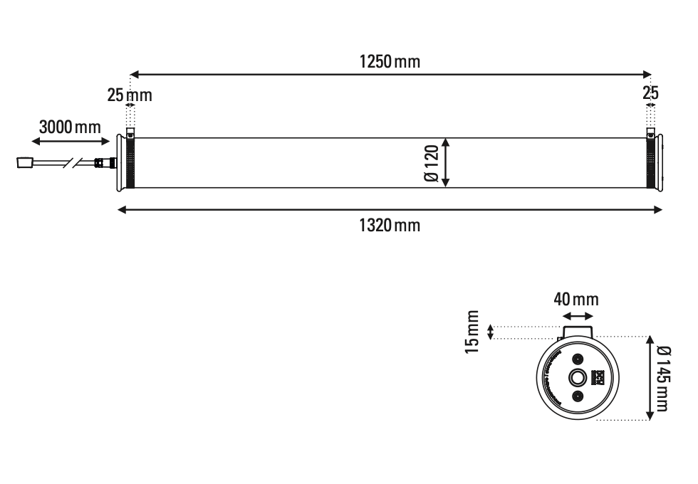 Tube Bulb Pendant, Linear Horizontal, 132 cm, Mesh, E27, IP64