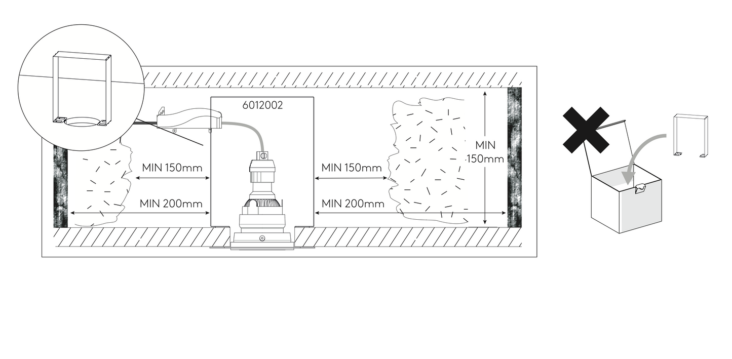 Technical diagram showing plumbing installation with dimensions and a cross-out symbol.