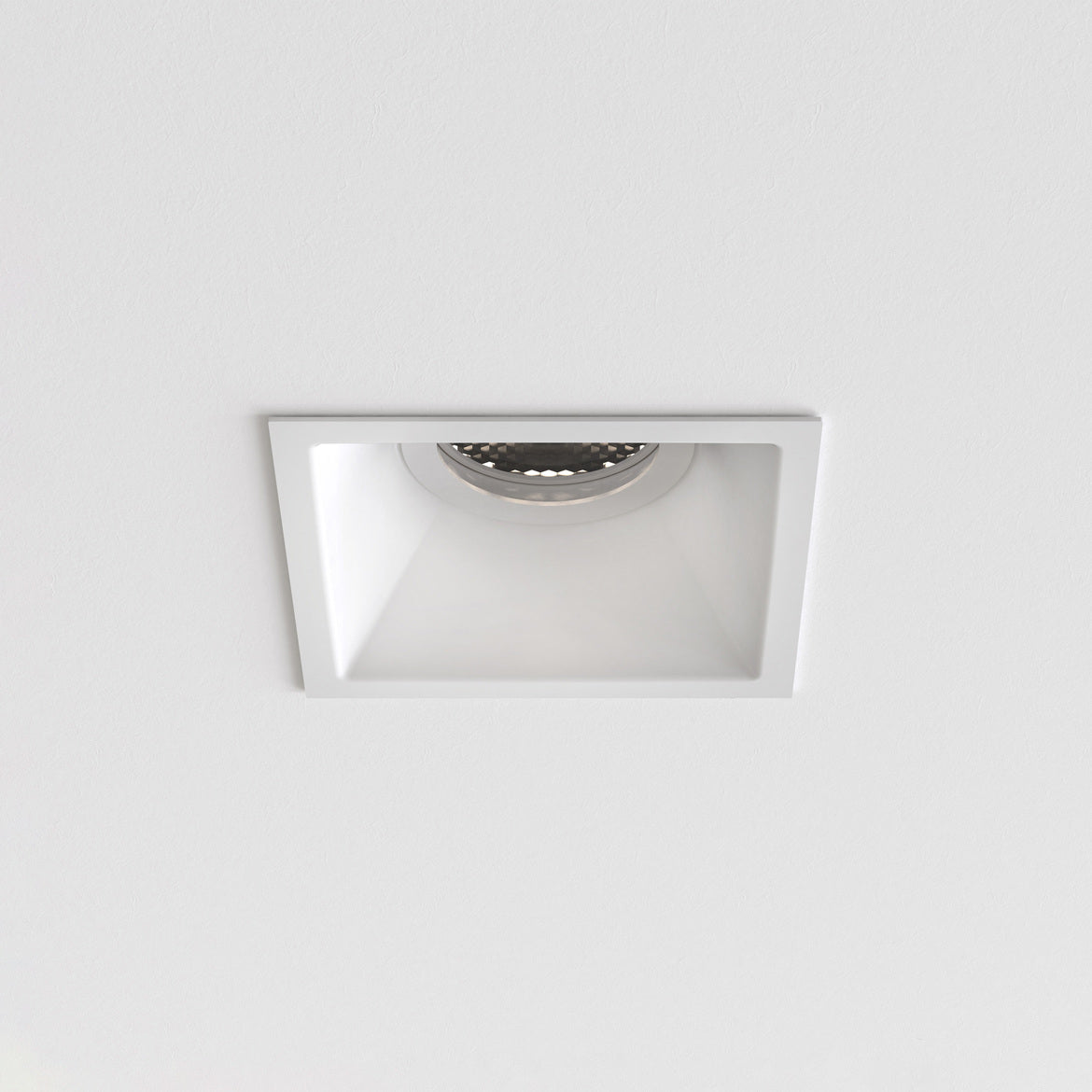 Square recessed ceiling light fixture on a white ceiling