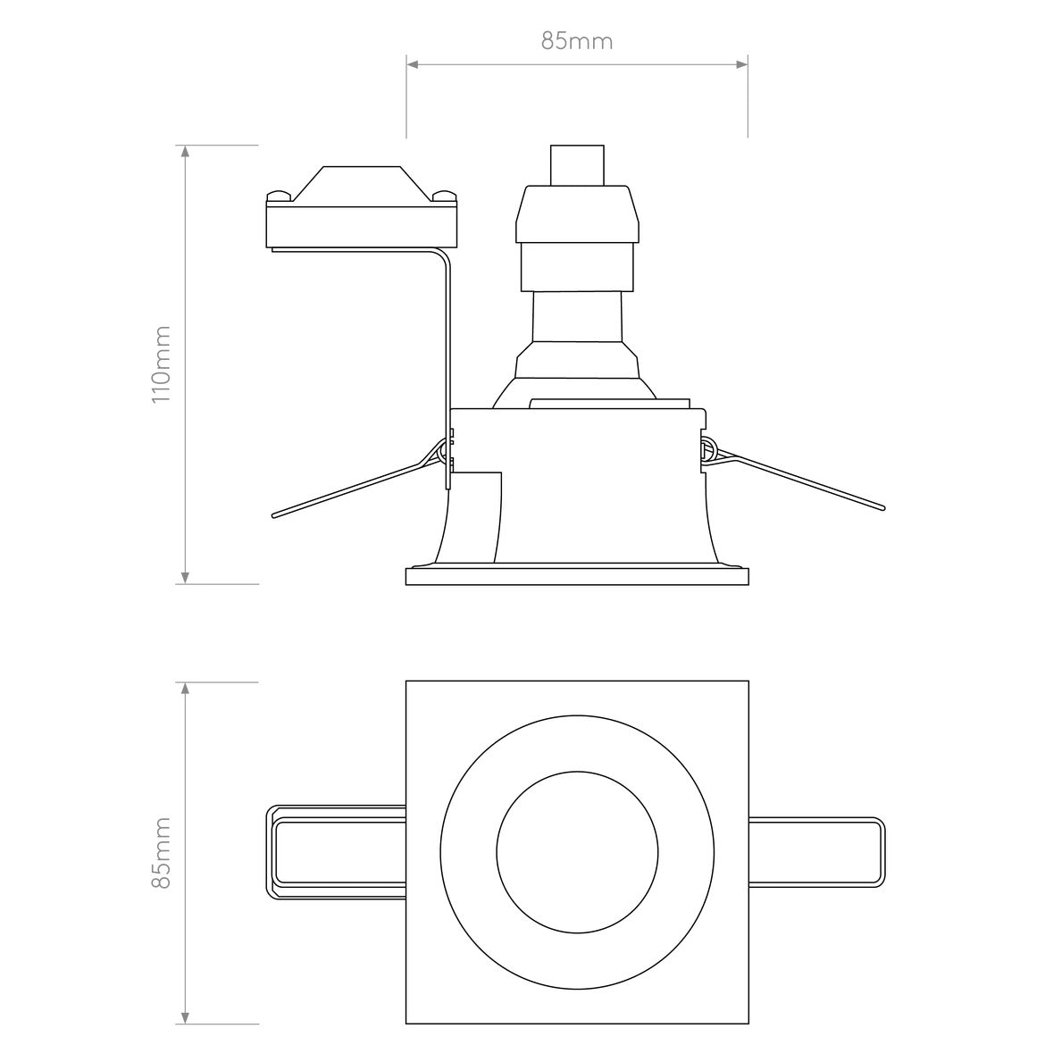 Technical drawing of a ceiling light fixture with dimensions