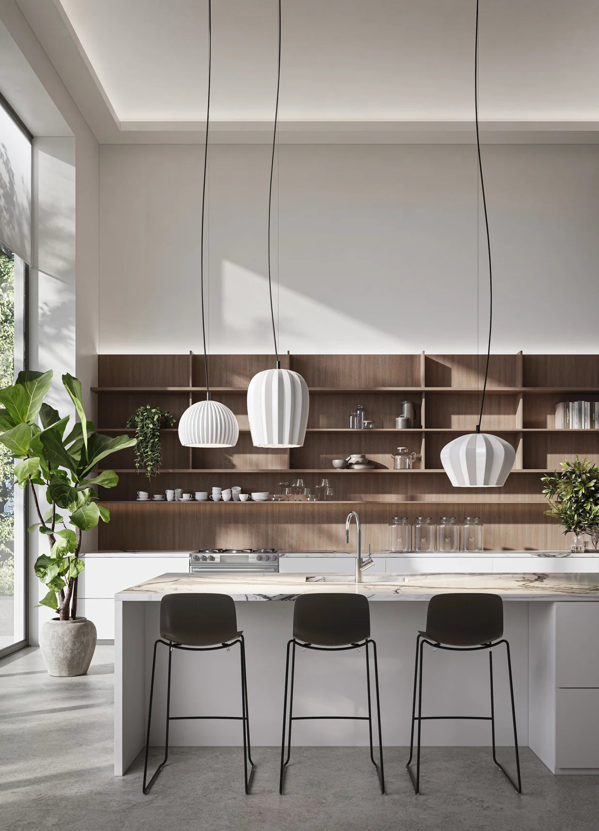 Modern kitchen with wooden shelves, white Sahara pendant lights by Karman Italia, and black bar stools.